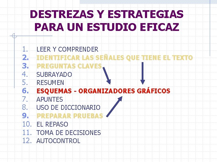 DESTREZAS Y ESTRATEGIAS PARA UN ESTUDIO EFICAZ 1. 2. 3. 4. 5. 6. 7.