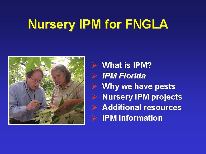 Nursery IPM for FNGLA Ø Ø Ø What is IPM? IPM Florida Why we