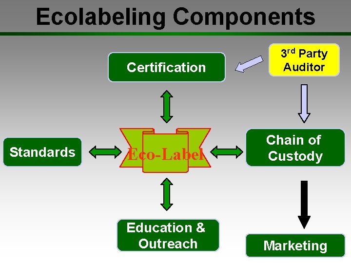 Ecolabeling Components Certification Standards 3 rd Party Auditor Eco-Label Chain of Custody Education &