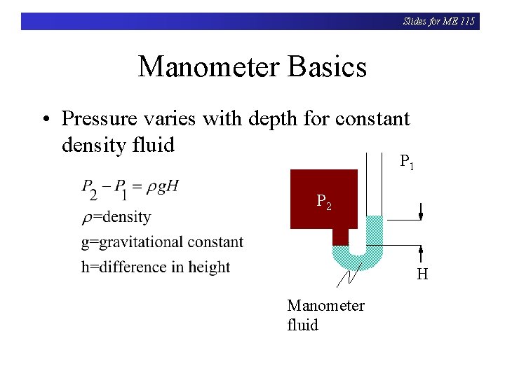 Slides for ME 115 Manometer Basics • Pressure varies with depth for constant density