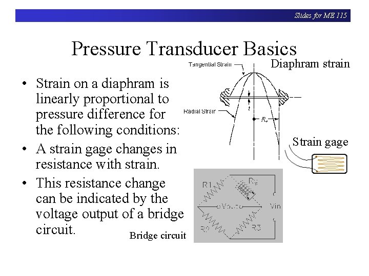 Slides for ME 115 Pressure Transducer Basics Diaphram strain • Strain on a diaphram