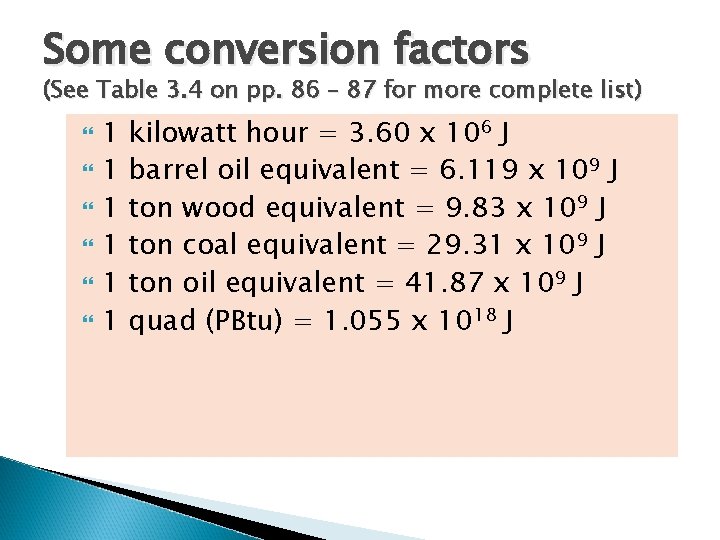 Some conversion factors (See Table 3. 4 on pp. 86 – 87 for more