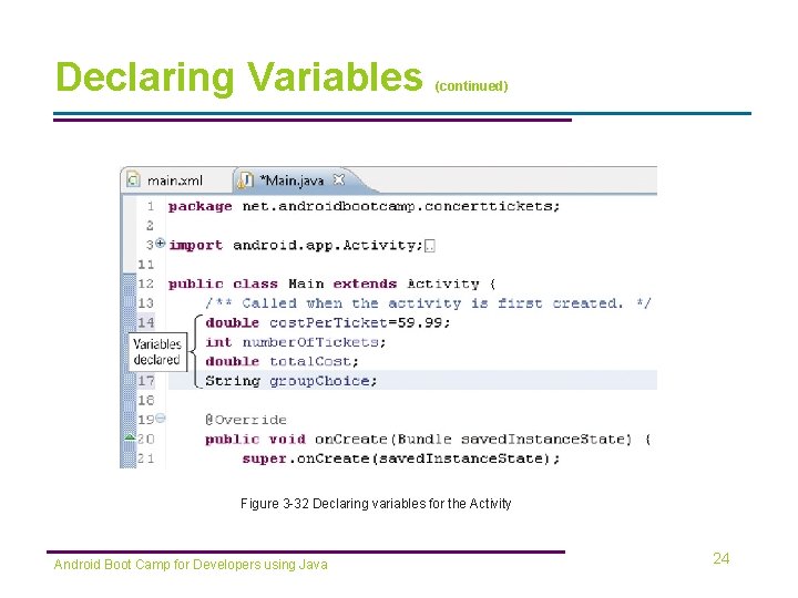 Declaring Variables (continued) Figure 3 -32 Declaring variables for the Activity Android Boot Camp