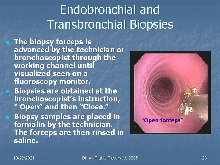 Endobronchial and Transbronchial Biopsies n n n The biopsy forceps is advanced by the