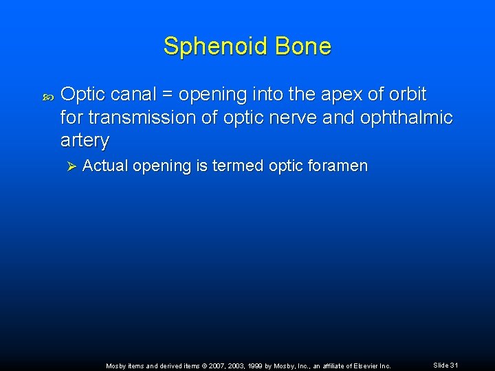 Sphenoid Bone Optic canal = opening into the apex of orbit for transmission of