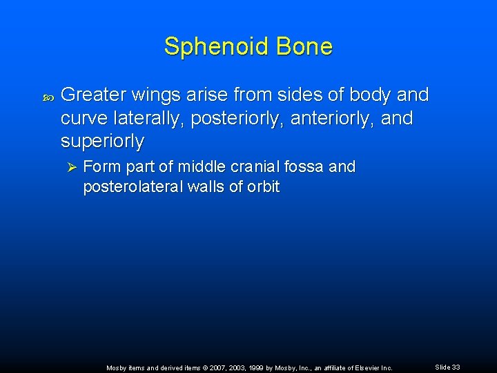 Sphenoid Bone Greater wings arise from sides of body and curve laterally, posteriorly, and