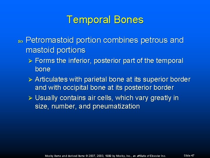 Temporal Bones Petromastoid portion combines petrous and mastoid portions Forms the inferior, posterior part