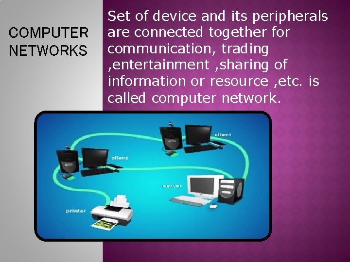 COMPUTER NETWORKS Set of device and its peripherals are connected together for communication, trading