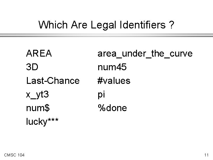 Which Are Legal Identifiers ? AREA 3 D Last-Chance x_yt 3 num$ lucky*** CMSC