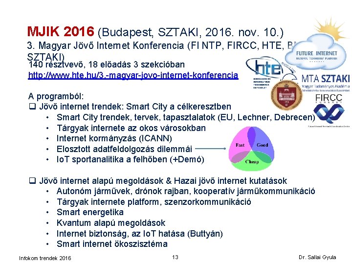MJIK 2016 (Budapest, SZTAKI, 2016. nov. 10. ) 3. Magyar Jövő Internet Konferencia (FI