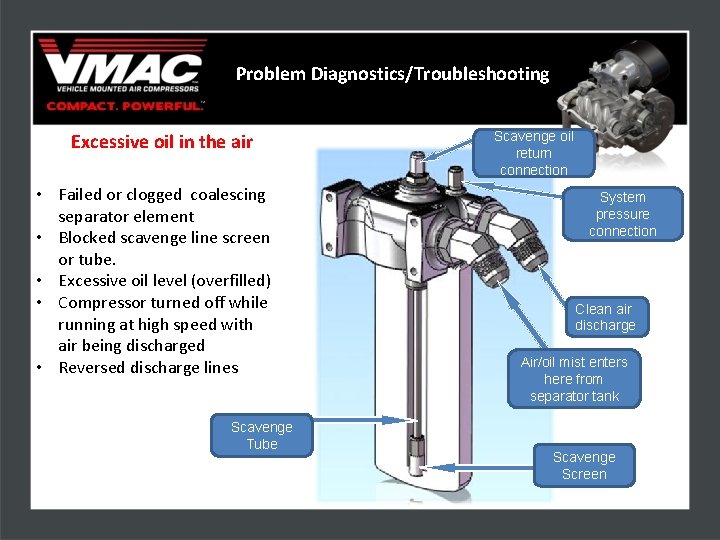 Problem Diagnostics/Troubleshooting Excessive oil in the air • Failed or clogged coalescing separator element