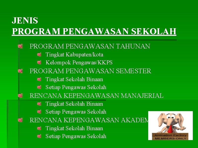 JENIS PROGRAM PENGAWASAN SEKOLAH PROGRAM PENGAWASAN TAHUNAN Tingkat Kabupaten/kota Kelompok Pengawas/KKPS PROGRAM PENGAWASAN SEMESTER