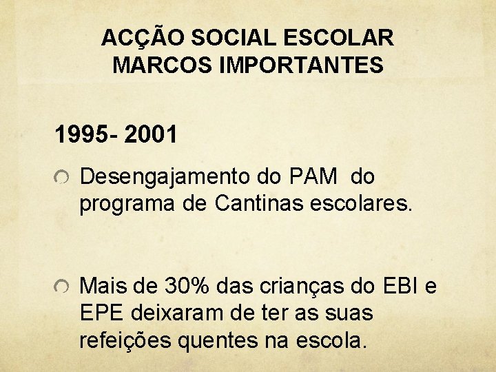 ACÇÃO SOCIAL ESCOLAR MARCOS IMPORTANTES 1995 - 2001 Desengajamento do PAM do programa de