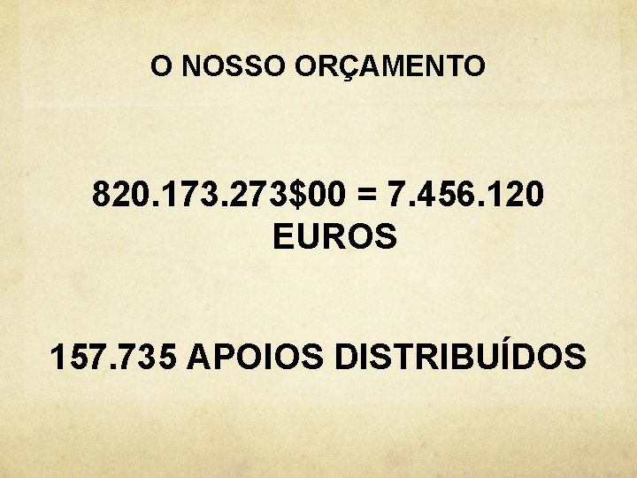 O NOSSO ORÇAMENTO 820. 173. 273$00 = 7. 456. 120 EUROS 157. 735 APOIOS