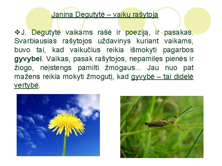 Janina Degutytė – vaikų rašytoja v. J. Degutytė vaikams rašė ir poeziją, ir pasakas.