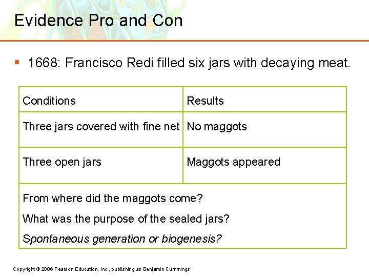 Evidence Pro and Con § 1668: Francisco Redi filled six jars with decaying meat.