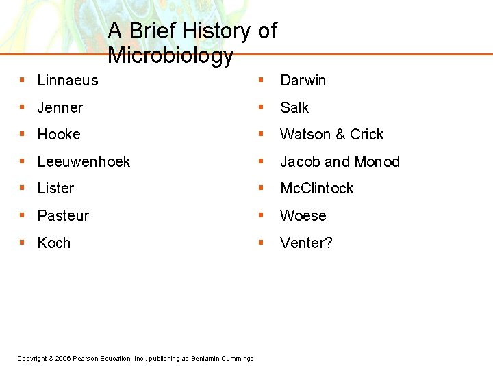 A Brief History of Microbiology § Linnaeus § Darwin § Jenner § Salk §