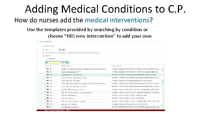 Adding Medical Conditions to C. P. How do nurses add the medical interventions? Use