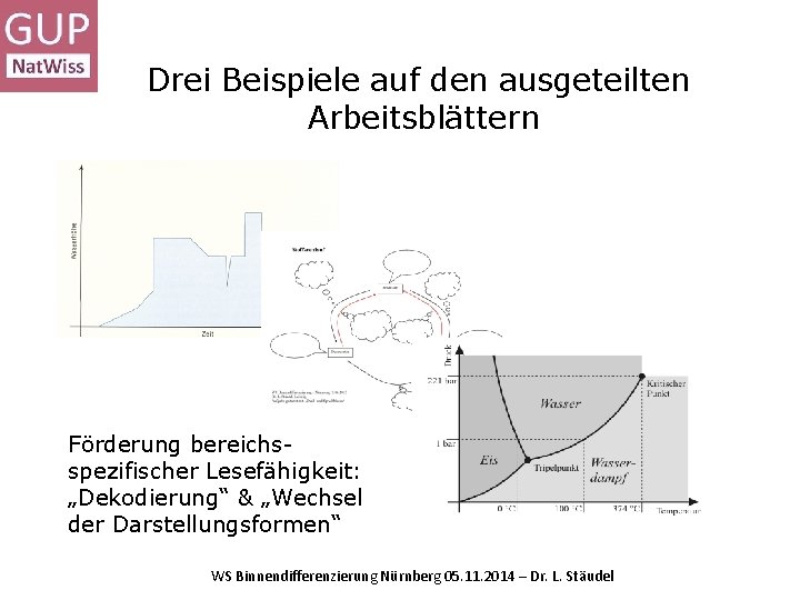 Drei Beispiele auf den ausgeteilten Arbeitsblättern Förderung bereichsspezifischer Lesefähigkeit: „Dekodierung“ & „Wechsel der Darstellungsformen“