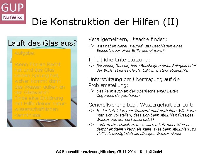 Die Konstruktion der Hilfen (II) Läuft das Glas aus? Verallgemeinern, Ursache finden: -> Was