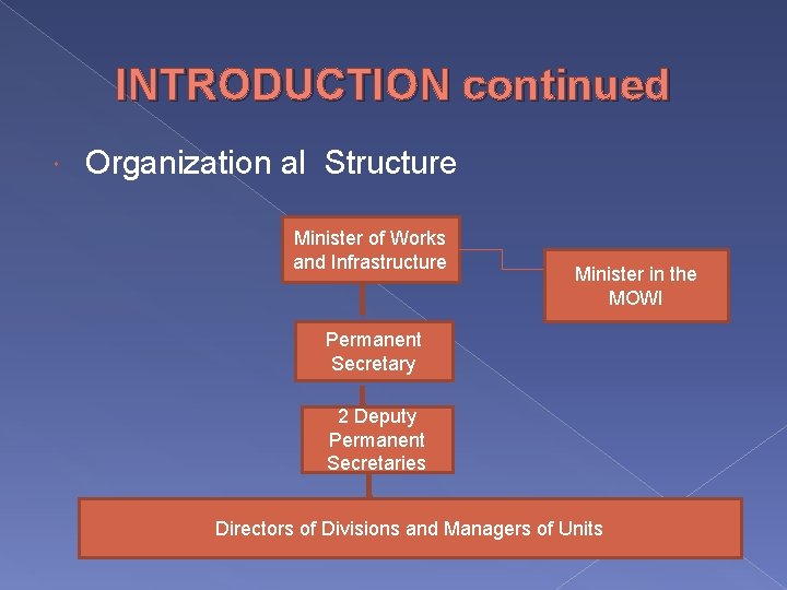 INTRODUCTION continued Organization al Structure Minister of Works and Infrastructure Minister in the MOWI