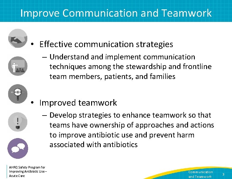 Improve Communication and Teamwork • Effective communication strategies – Understand implement communication techniques among