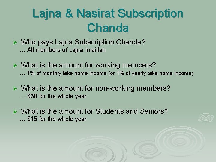 Lajna & Nasirat Subscription Chanda Ø Who pays Lajna Subscription Chanda? … All members