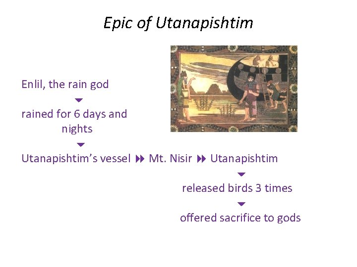 Epic of Utanapishtim Enlil, the rain god rained for 6 days and nights Utanapishtim’s