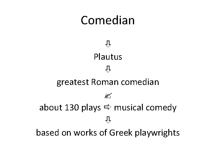 Comedian Plautus greatest Roman comedian about 130 plays musical comedy based on works of