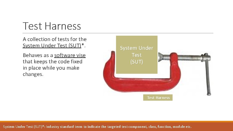 Test Harness A collection of tests for the System Under Test (SUT)*. Behaves as