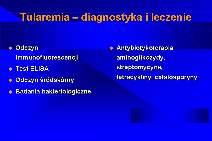 Tularemia – diagnostyka i leczenie u Odczyn u Antybiotykoterapia immunofluorescencji aminoglikozydy, u Test ELISA