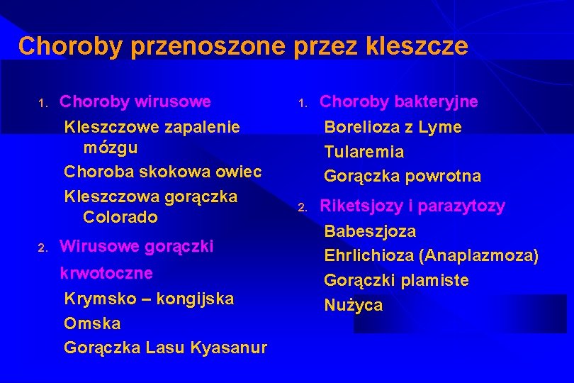 Choroby przenoszone przez kleszcze 1. Choroby wirusowe Kleszczowe zapalenie mózgu Choroba skokowa owiec Kleszczowa