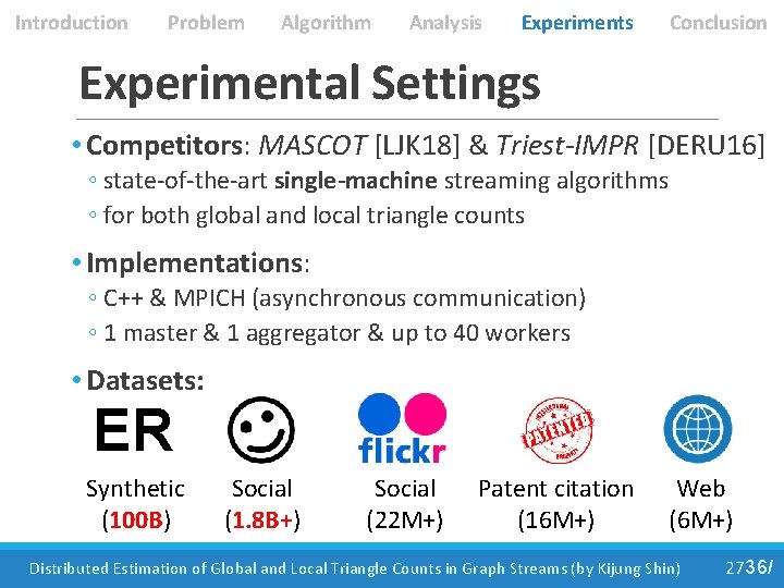 Introduction Problem Algorithm Analysis Experiments Conclusion Experimental Settings • Competitors: MASCOT [LJK 18] &