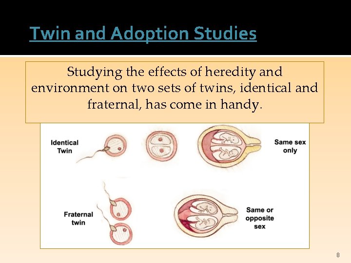 Twin and Adoption Studies Studying the effects of heredity and environment on two sets