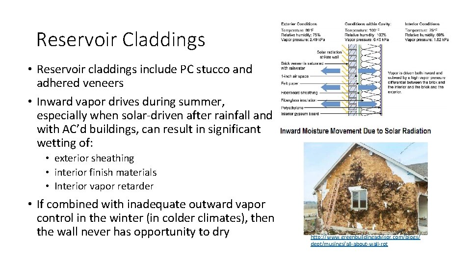 Reservoir Claddings • Reservoir claddings include PC stucco and adhered veneers • Inward vapor