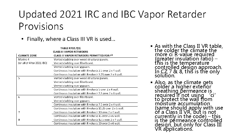 Updated 2021 IRC and IBC Vapor Retarder Provisions • Finally, where a Class III