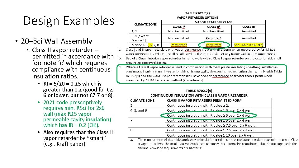 Design Examples • 20+5 ci Wall Assembly • Class II vapor retarder -permitted in