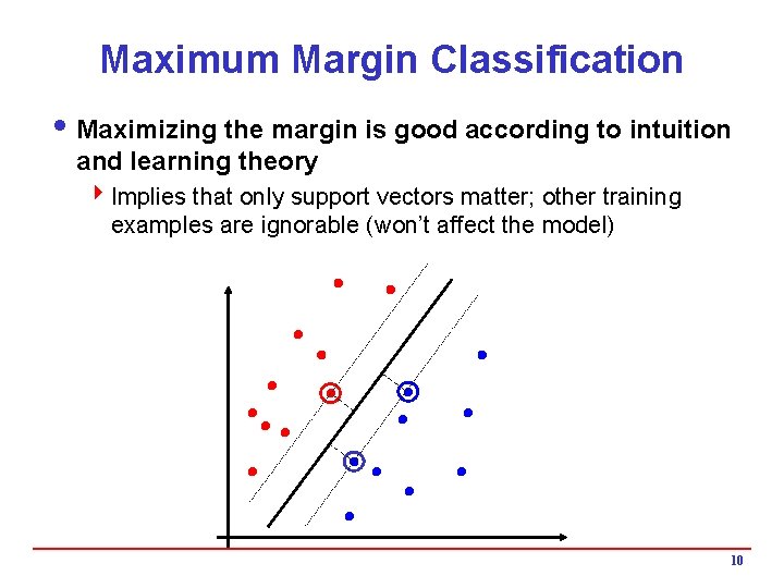Maximum Margin Classification i Maximizing the margin is good according to intuition and learning
