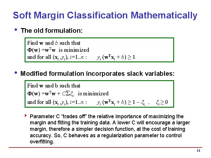 Soft Margin Classification Mathematically i The old formulation: Find w and b such that