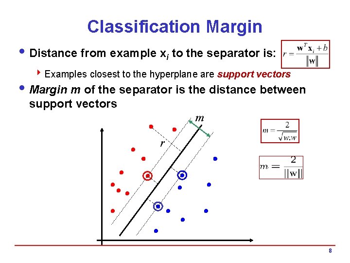 Classification Margin i Distance from example xi to the separator is: 4 Examples closest