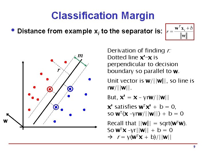 Classification Margin i Distance from example xi to the separator is: m r Derivation