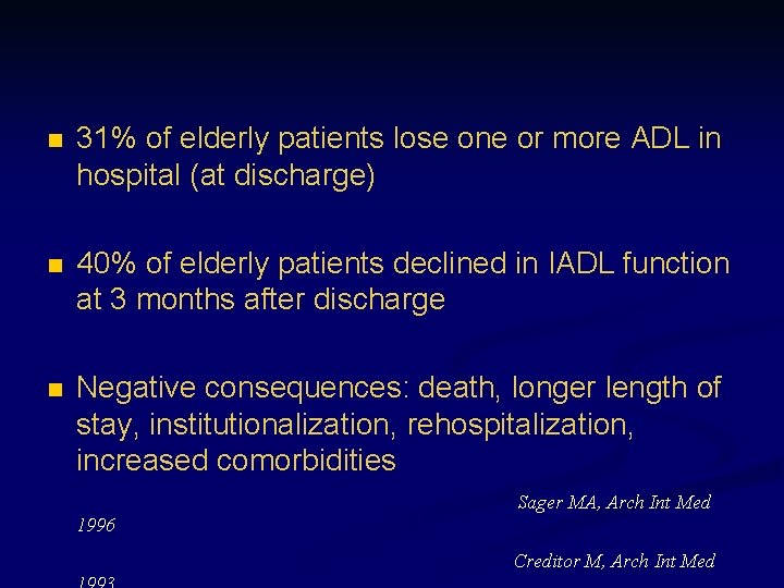 n 31% of elderly patients lose one or more ADL in hospital (at discharge)