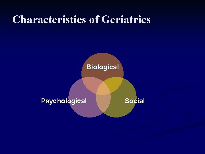 Characteristics of Geriatrics Biological Psychological Social 