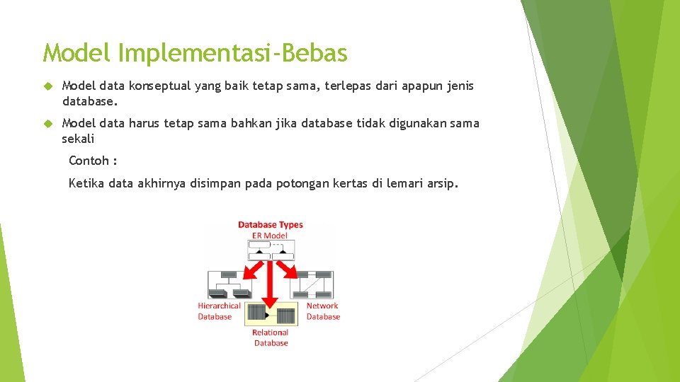 Model Implementasi-Bebas Model data konseptual yang baik tetap sama, terlepas dari apapun jenis database.