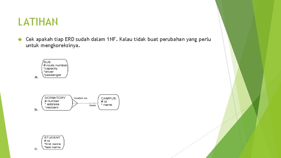 LATIHAN Cek apakah tiap ERD sudah dalam 1 NF. Kalau tidak buat perubahan yang