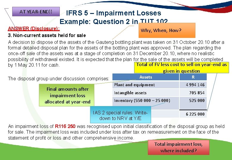 AT YEAR-END!! IFRS 5 – Impairment Losses Example: Question 2 in TUT 102 ANSWER