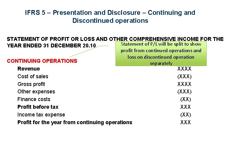 IFRS 5 – Presentation and Disclosure – Continuing and Discontinued operations STATEMENT OF PROFIT