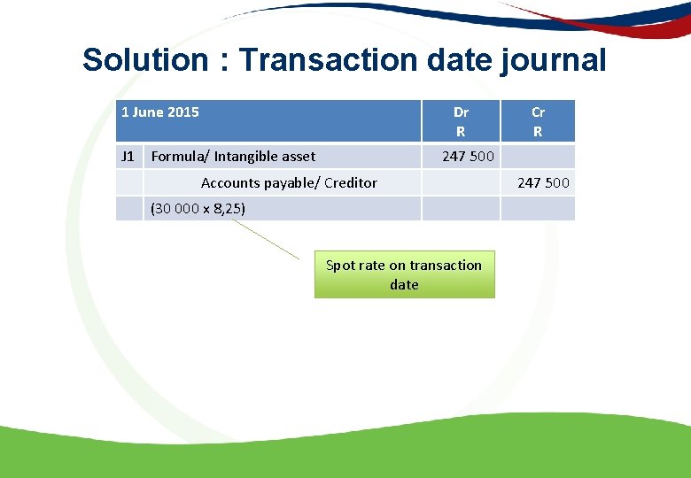 Solution : Transaction date journal 1 June 2015 Dr R J 1 Formula/ Intangible