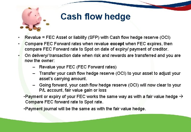 Cash flow hedge • • Revalue = FEC Asset or liability (SFP) with Cash