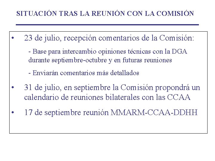 SITUACIÓN TRAS LA REUNIÓN CON LA COMISIÓN • 23 de julio, recepción comentarios de